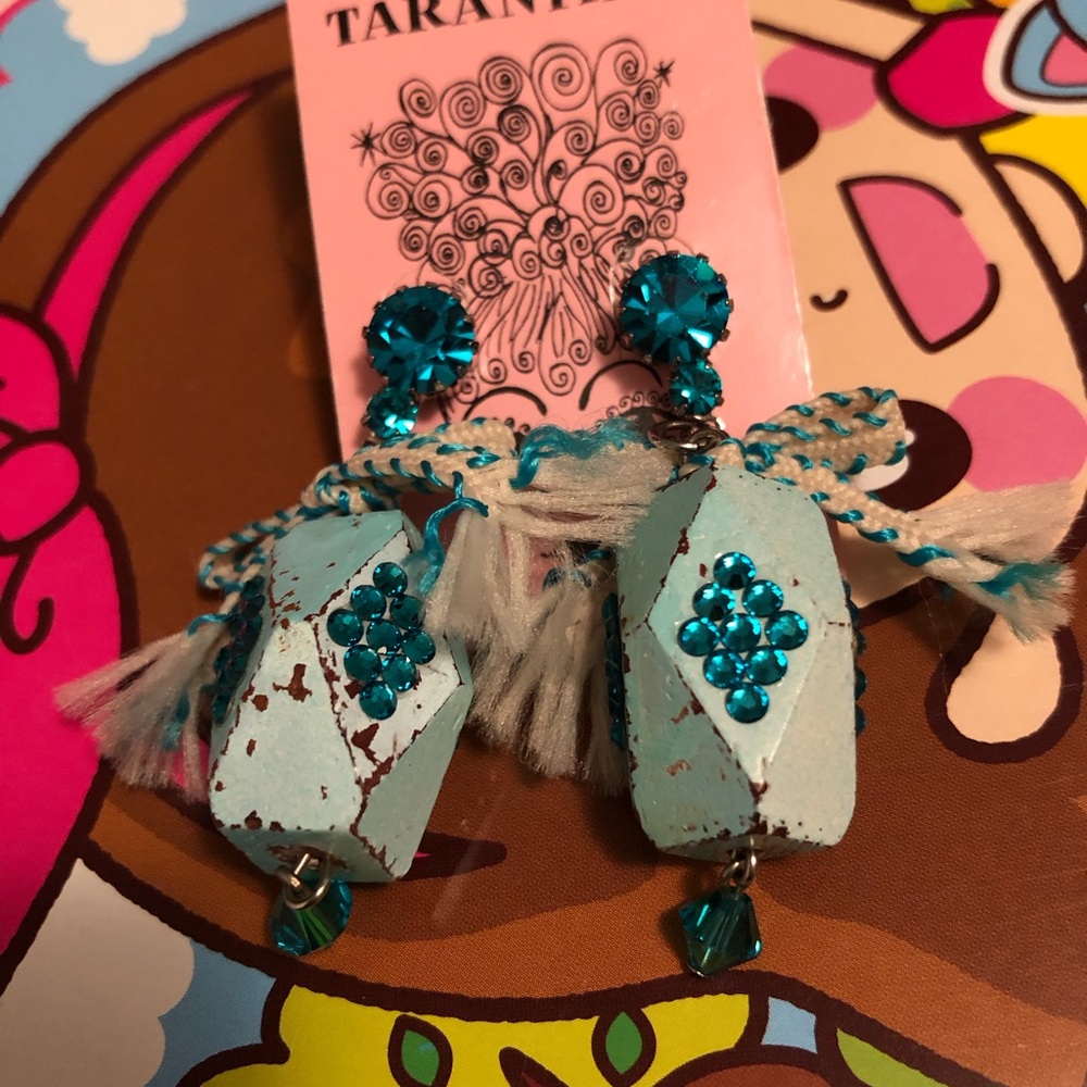 Tilt-a-Whirl Midnight CiRcUs ribbon Swarovski crystals wood beads earrings